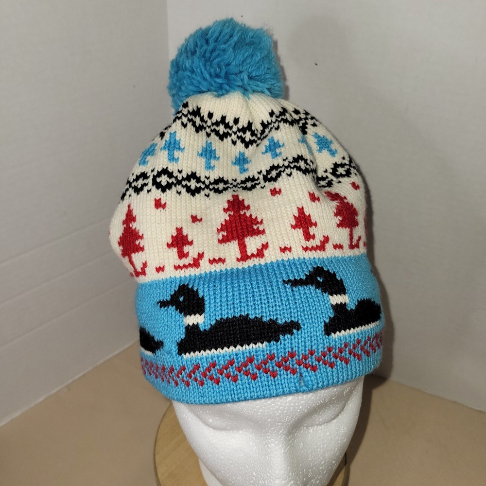 DS DUKE Adult Knit Wool Beanie Hat Pom Pom Loons Trees Fair Isle Blue White USA